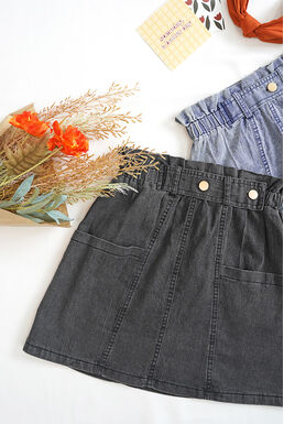 Fine Frill Trim Elastic Waist Patch Pockets Jeans Skirt ( Dark Denim)